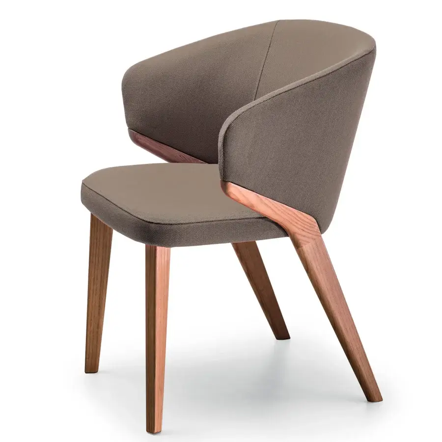 Distinguished Bross Nora armchair with taupe fabric upholstery and lighter tone wood frame built with a curved silhouette