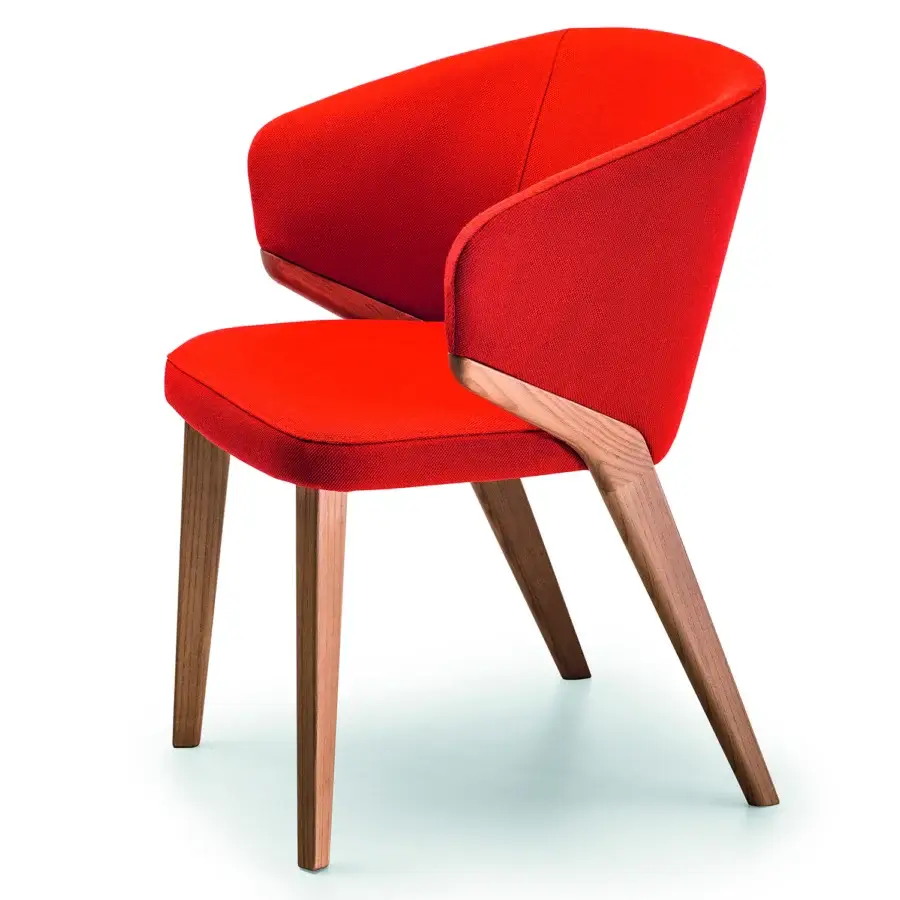 Exceptional Bross Nora armchair with curved red woven fabric upholstery and smooth medium-tone brown wood construction