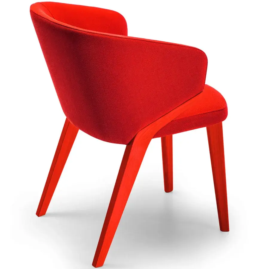 Elegant Bross Nora armchair with red fabric upholstery and high-end wood structure exhibiting a balanced silhouette