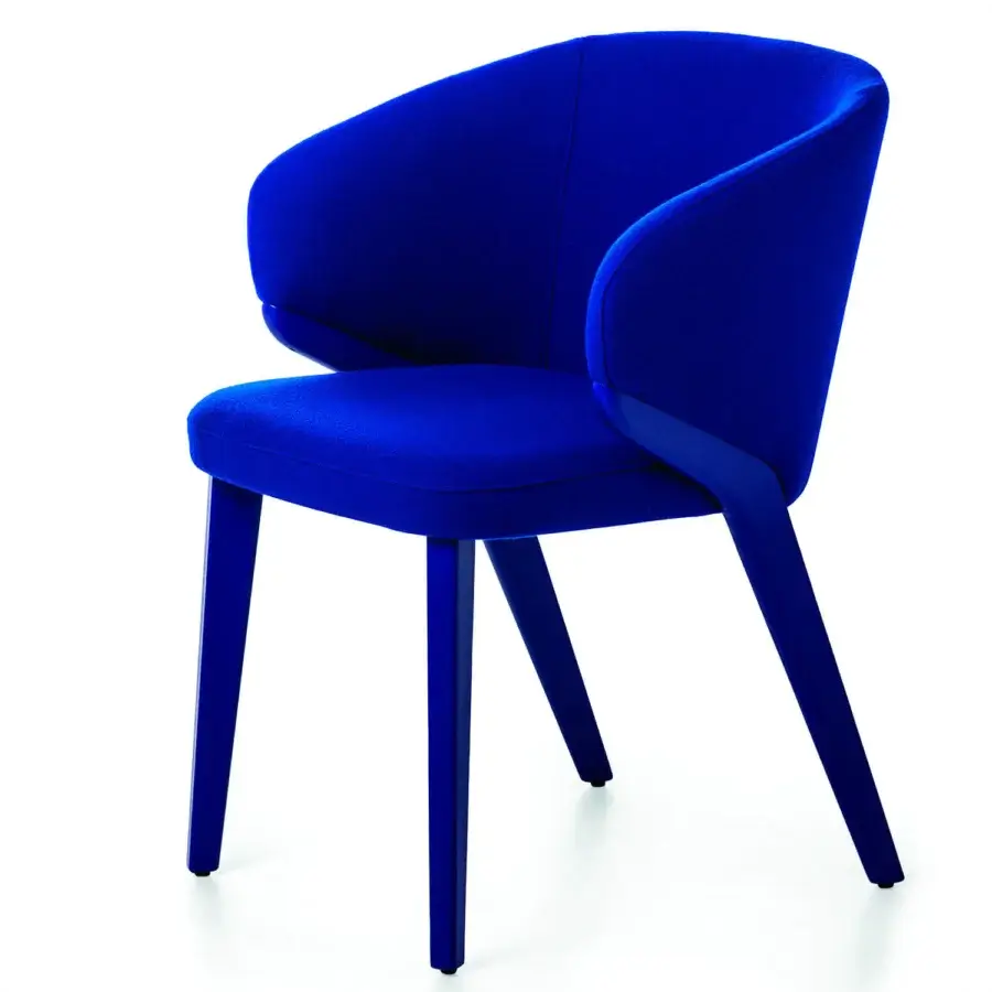 Distinguished Bross Nora armchair with curved silhouette fully upholstered in matte blue fabric and a matching blue wood frame
