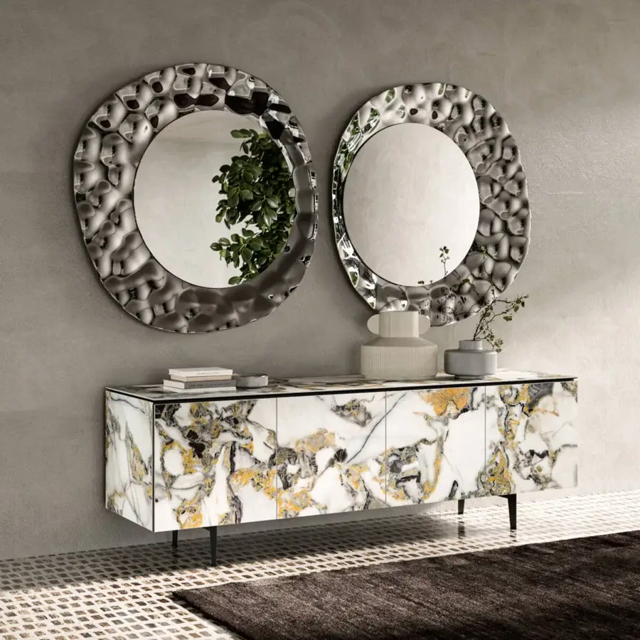 Captivating Ozzio Italia Sea mirror with contoured frame and reflective silver-toned finish incorporating smoked glass paths of light