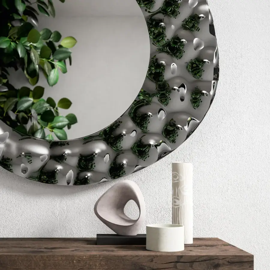Superior Ozzio Italia Sea mirror with contoured glass and irregular reflective silver-toned finish