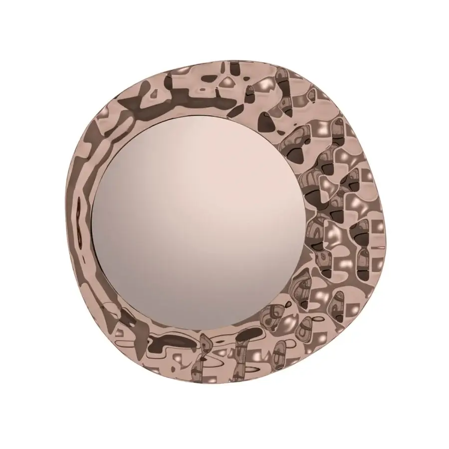 Avant-garde Ozzio Italia Sea mirror with curved glass, hammered texture in rose-gold or copper tone, and skin-tone colored reflective surface