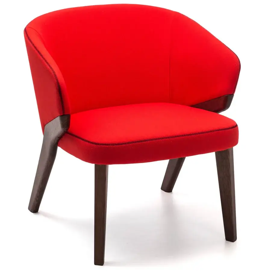 Superior Bross Nora lounge chair with rounded silhouette fully upholstered in vibrant red premium fabric and dark brown wood construction