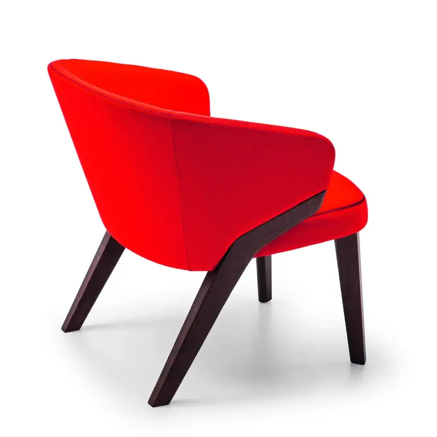 Distinguished Bross Nora lounge chair with vibrant red premium fabric upholstery and dark-toned wooden frame