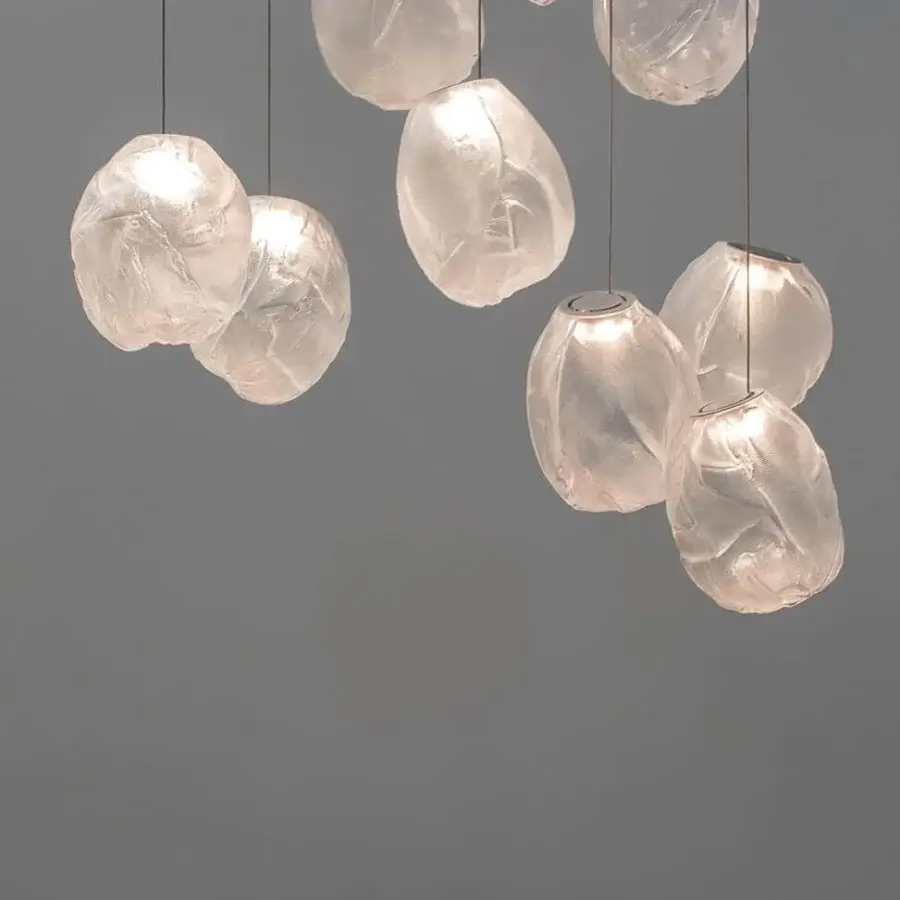 Exclusive Bocci 73V suspension lamp with translucent fabric-like shades crafted from blown glass and a brushed nickel canopy