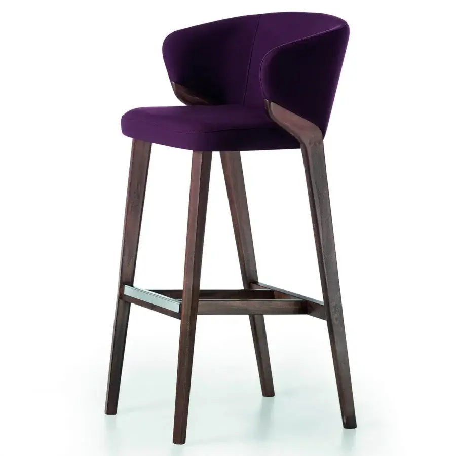 Distinguished Bross Nora stool with purple upholstery and dark-stained wooden structure crafted in Italy