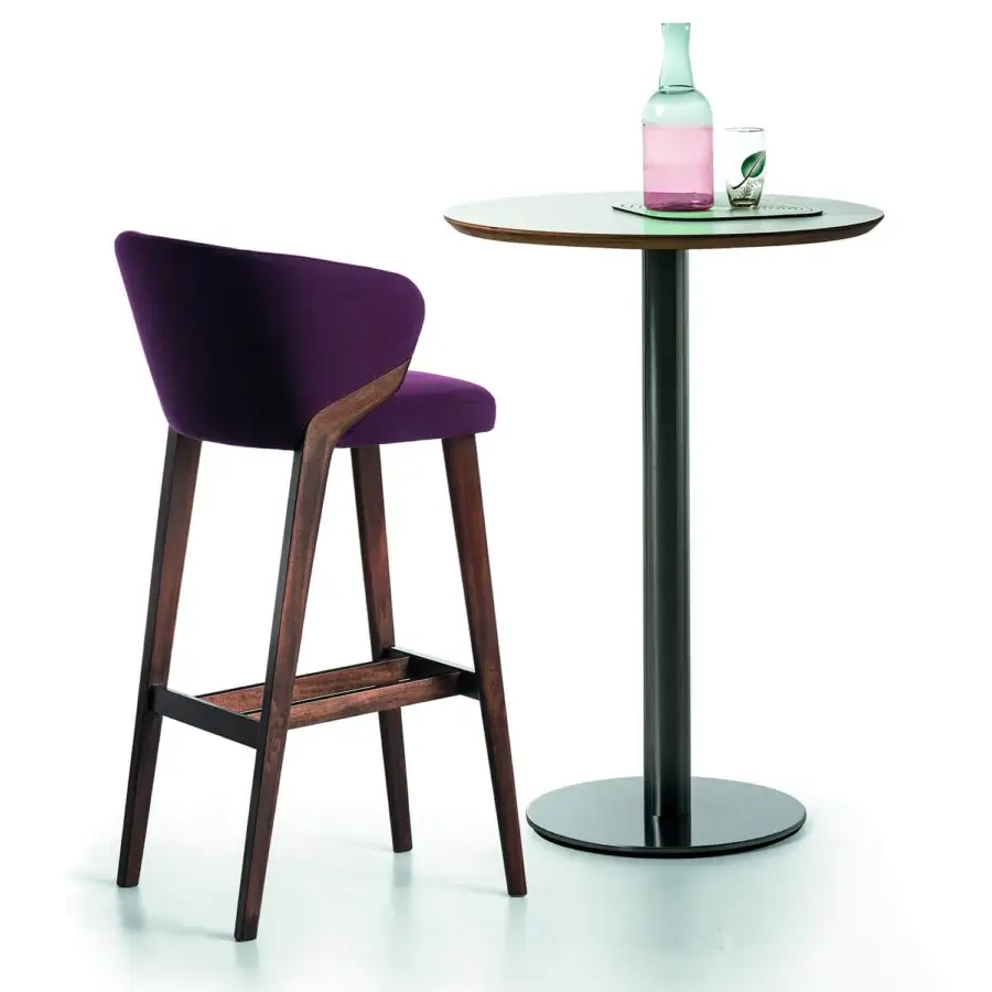 Exceptional Bross Nora stool with dark purple fabric upholstery and a dark-stained wood structure crafted in Italy