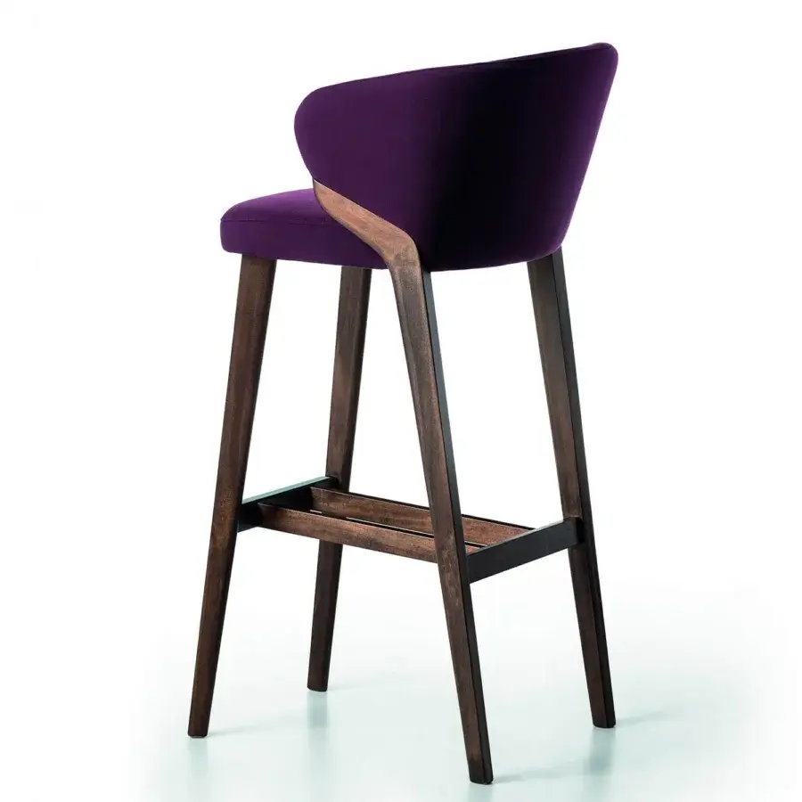 Lavish Bross Nora stool with dark purple fabric upholstery and a smooth matte dark brown wood structure