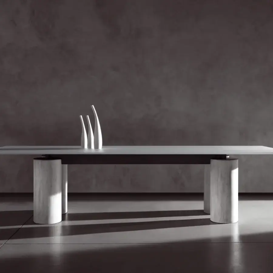 Distinguished Acerbis Serenissimo table with rectangular marble-inspired surface and textured concrete-effect cylindrical columns