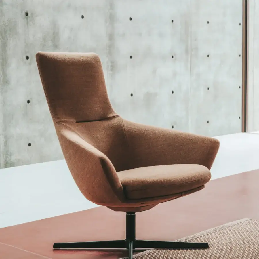 Exceptional Lapalma Wing Tip lounge chair with warm brown textured fabric upholstery and sleek powder-coated aluminum swivel base