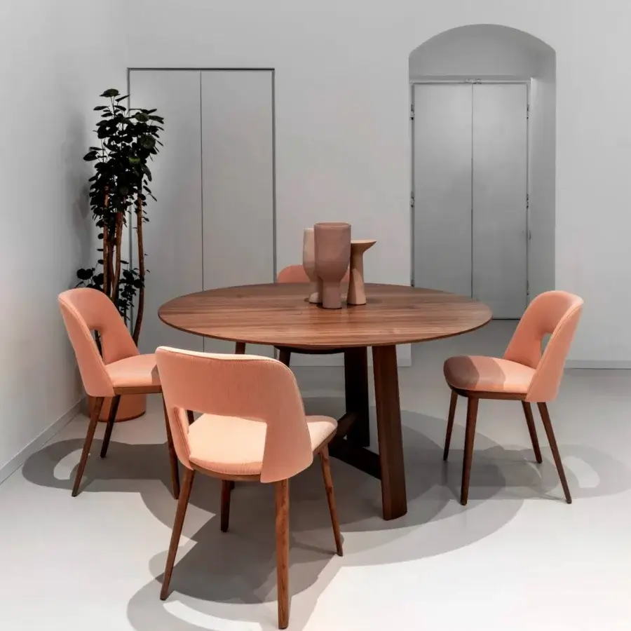 Exceptional Bross Path chair with rounded forms fully upholstered in textured peach premium fabric and wood structure