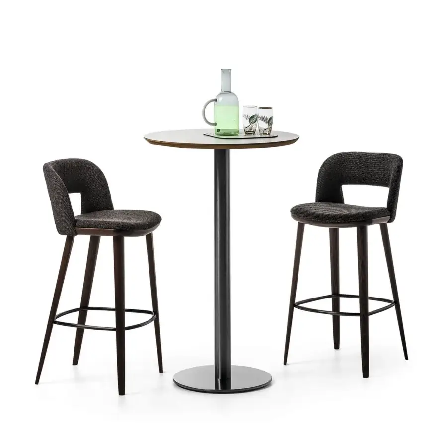 Exclusive Bross Path stool with dark upholstery and rectangular cutout, built with a wood base and circular metal footrest