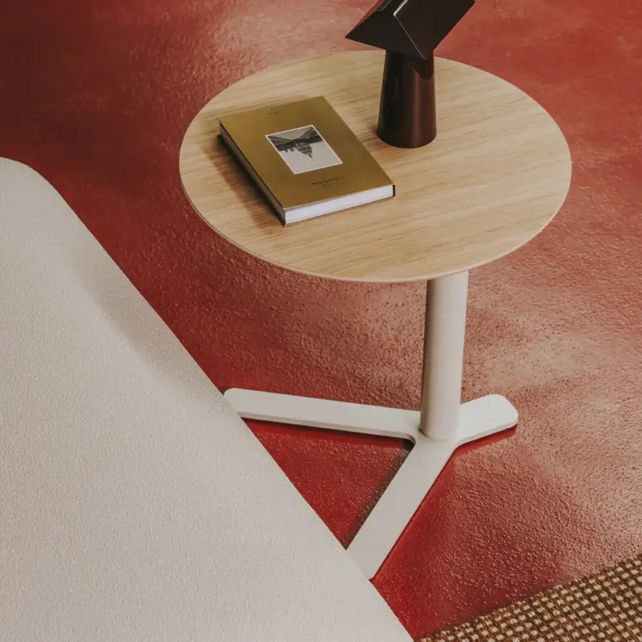 Superior Lapalma YO side table with round birch wood veneered top and sleek white powder-coated metal Y-shaped leg