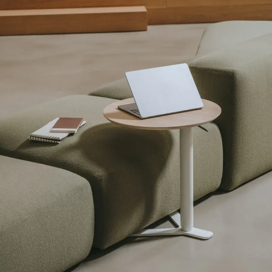 Exceptional Lapalma YO side table with round plywood top and powder-coated metal base and column in a light color
