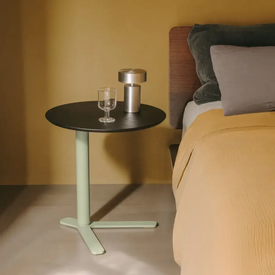 Distinguished Lapalma YO side table with round birch wood veneer tabletop and light green metal leg crafted with a three-pronged base