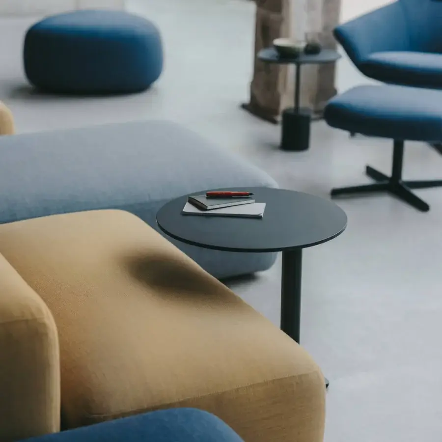 Superior Lapalma YO side table with round HPL Fenix® top and dark gray powder-coated metal base