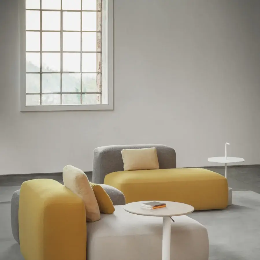 Elegant Lapalma YO side table with round birch wood veneered top and matte white powder coated Y-shaped metal base
