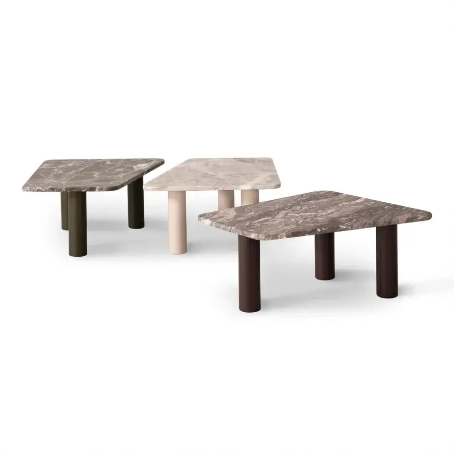 Harmonious Cierre1972 Iceberg coffee table with brown marble top and dark brown cylindrical legs in contemporary design