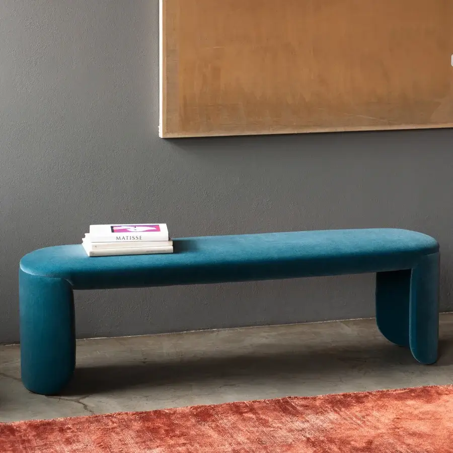 Distinguished Bross Petal bench crafted in Italy with sumptuous teal fabric upholstery for a luxurious seating experience