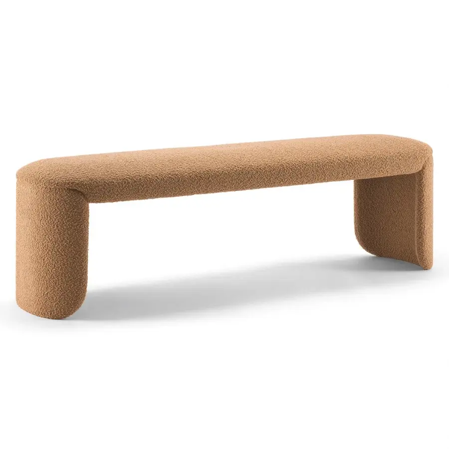 Superior Bross Petal bench upholstered in medium-tan fabric presents a seamless curved silhouette crafted in Italy
