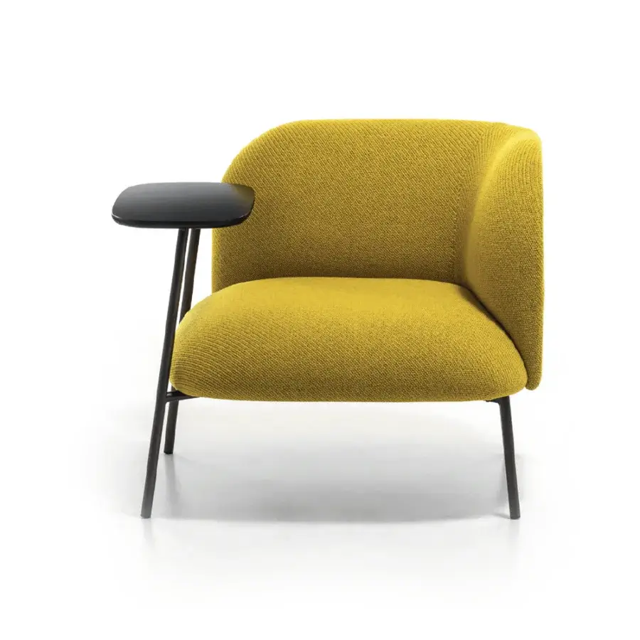 Exceptional Bross Sit lounge chair with textured yellow fabric upholstery and dark matte metal frame built with cantilevered table