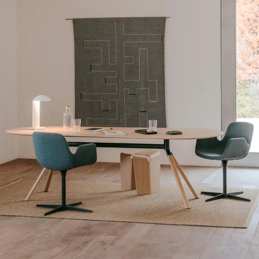 Exceptional Lapalma Fork table with light wood-veneered oval top and black powder-coated aluminum legs branching outward