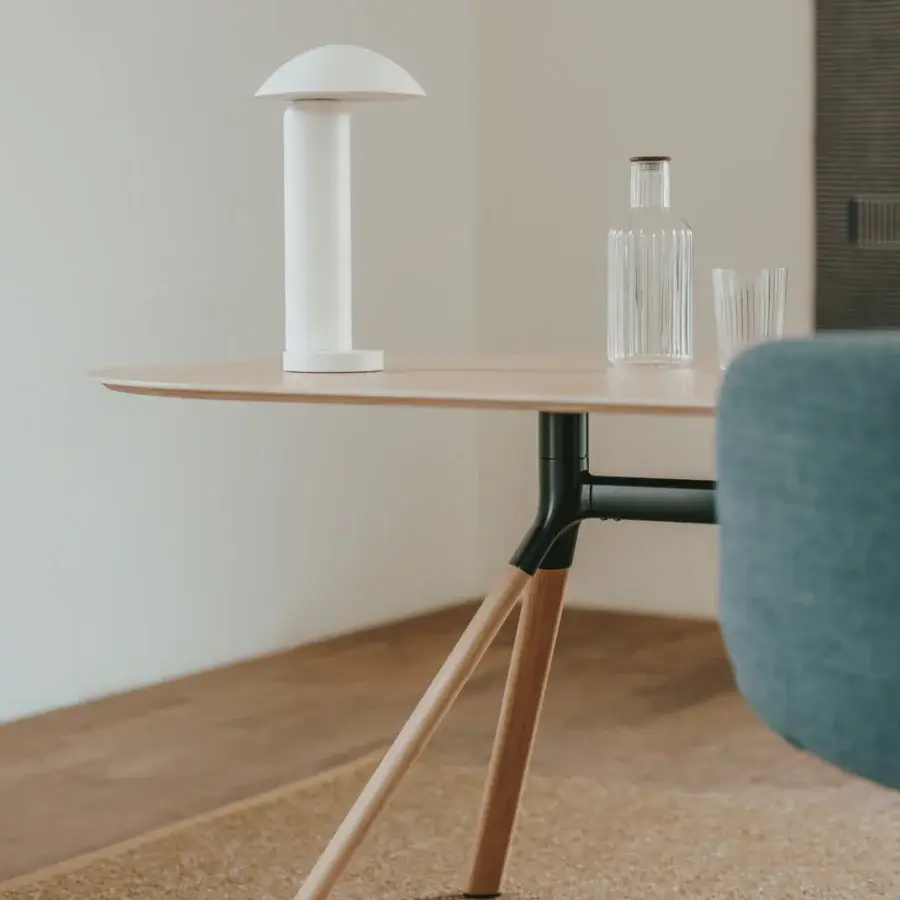 Distinguished Lapalma Fork table with oak-veneered birch plywood top and wood-veneered aluminum legs