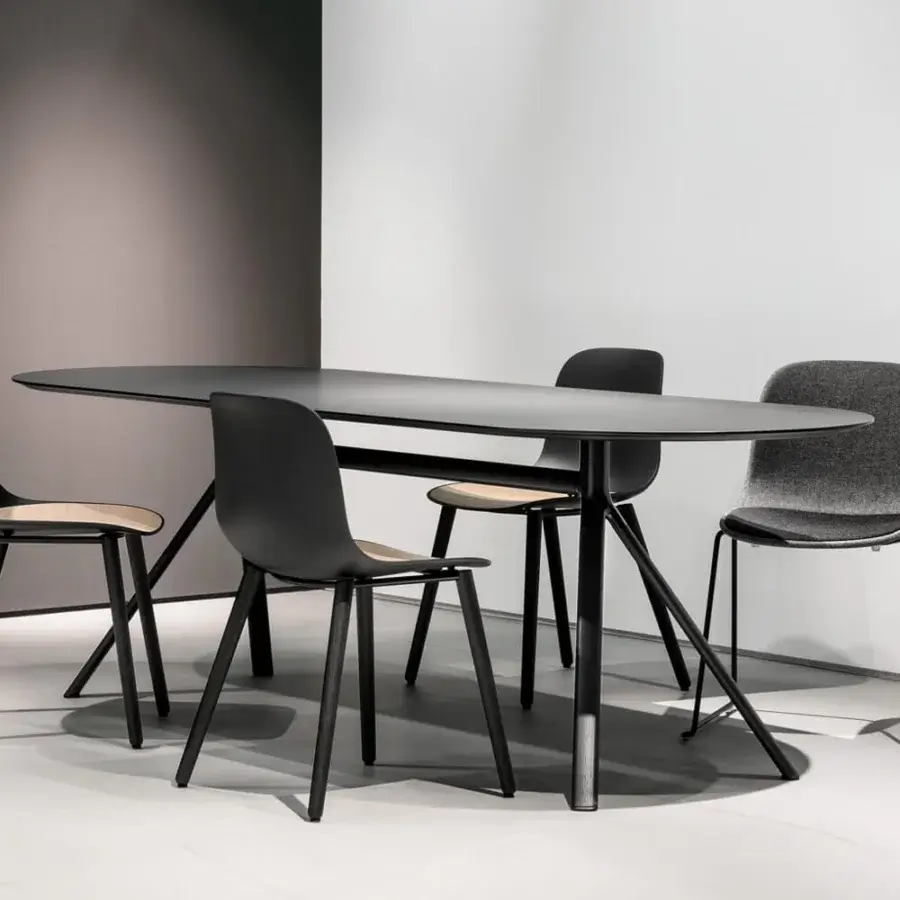 Sophisticated Lapalma Fork table with elongated oval top and dark matte-finish wood-veneered aluminum legs