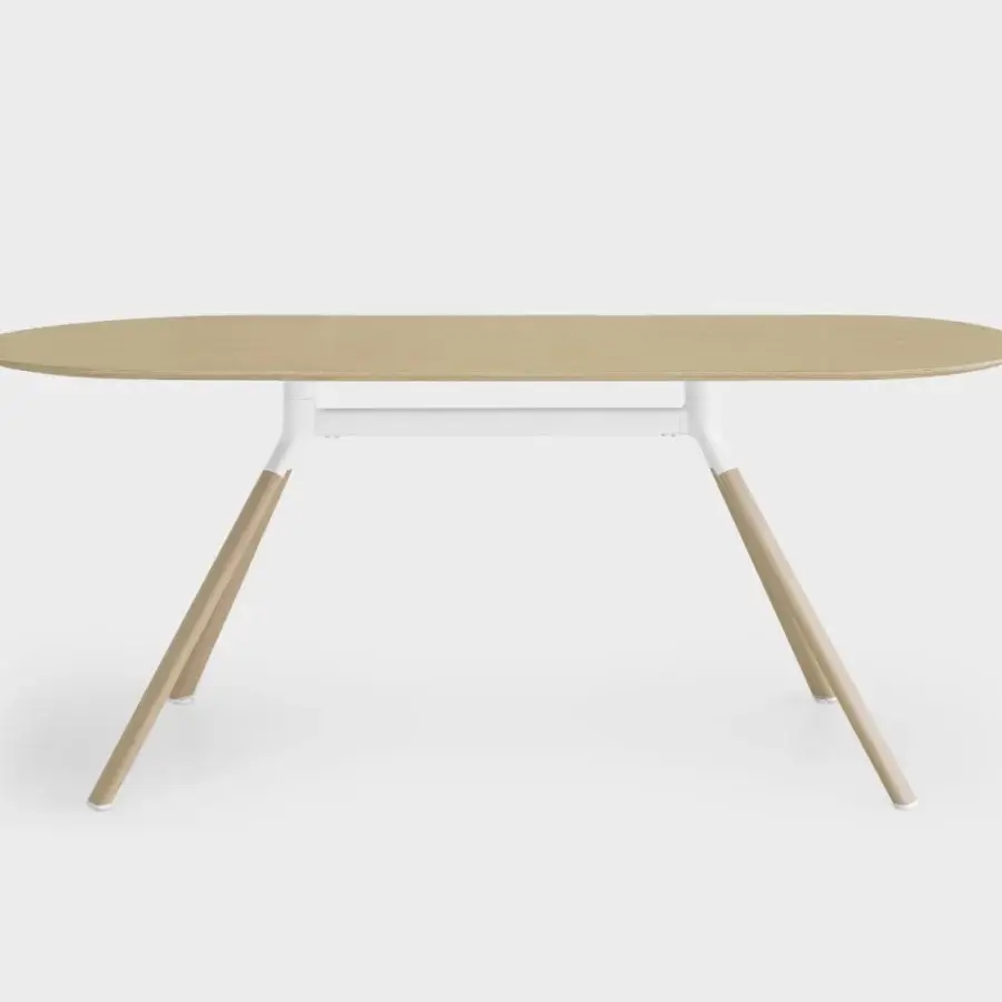 Distinguished Lapalma Fork table with veneered oak tabletop and white powder-coated aluminum frame in a smooth light brown finish