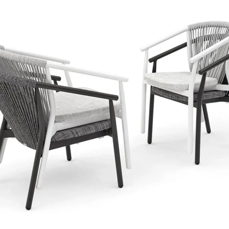Sophisticated Varaschin Smart lounge chair with light gray VAR#TEX PVC mesh and woven synthetic rope back in powder-coated aluminum