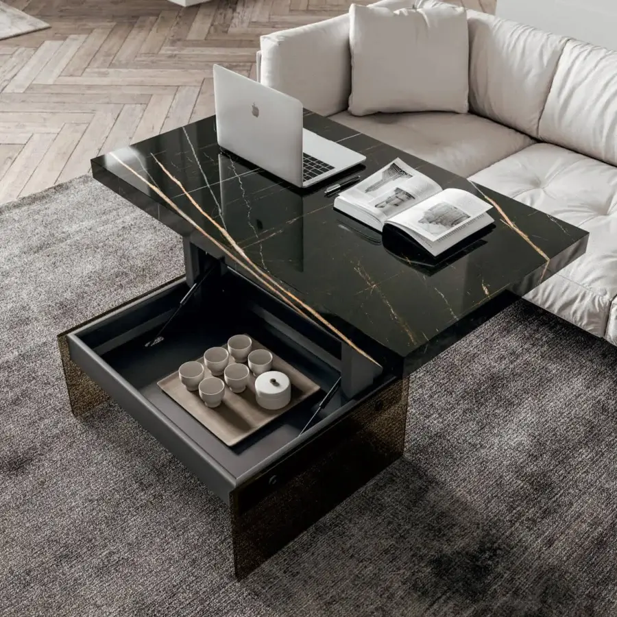 Distinguished Ozzio Italia Bellagio lift top coffee table with glossy marble glass and dark metal structure