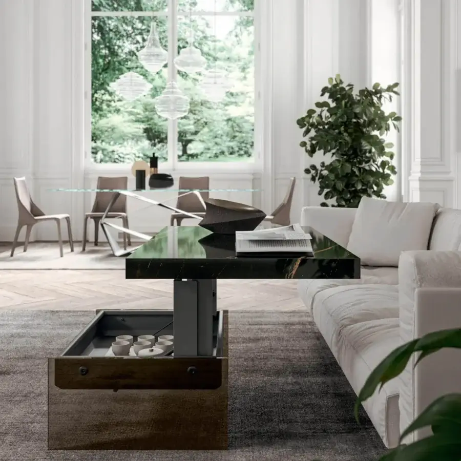 Exceptional Ozzio Italia Bellagio lift top coffee table with black natural stone and lustrous gold veining