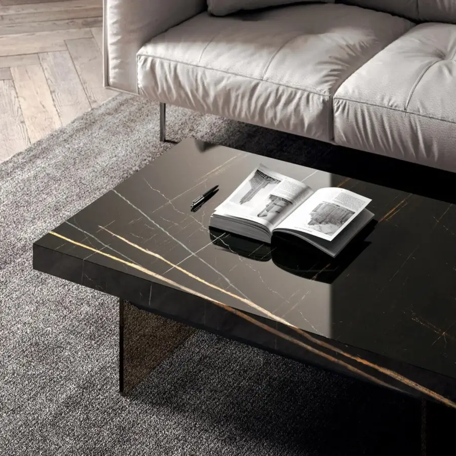 Superior Ozzio Italia Bellagio lift top coffee table with dark marble glass and sleek metal structure