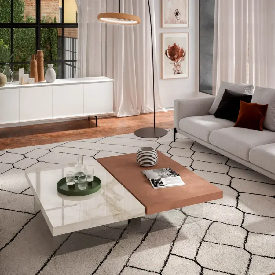 Elegant Ozzio Italia Bellagio lift top coffee table with light marble glass and crystal legs in glossy finish