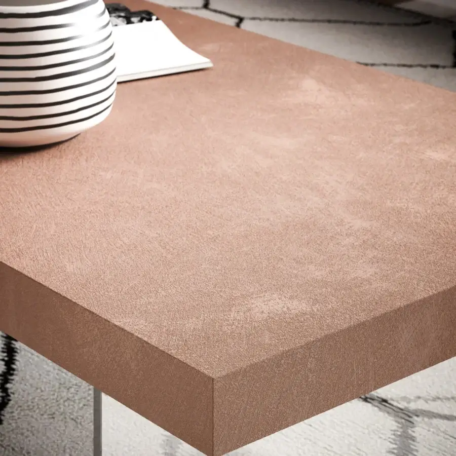 Exceptional Ozzio Italia Bellagio lift top coffee table with reddish-brown textured wood and crystal legs in a matte finish