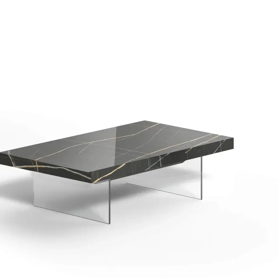Superior Ozzio Italia Bellagio lift top coffee table with glossy dark marble glass and transparent crystal legs