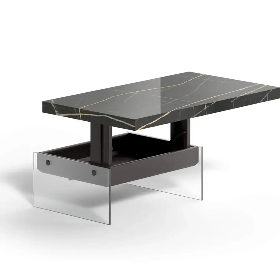 Elegant Ozzio Italia Bellagio lift top coffee table with black marble glass and dark gray metal structure