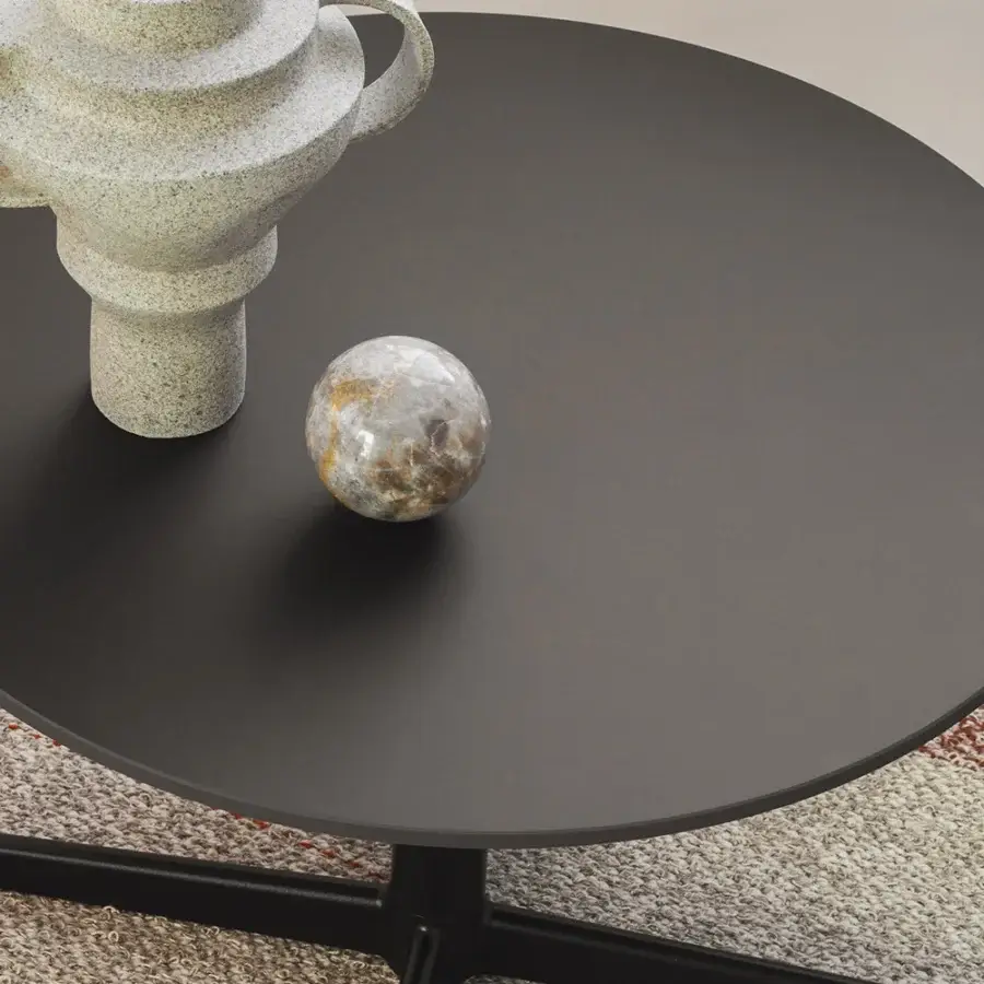 Exceptional Lapalma Auki coffee table with a round laminate top and dark matte powder-coated steel base