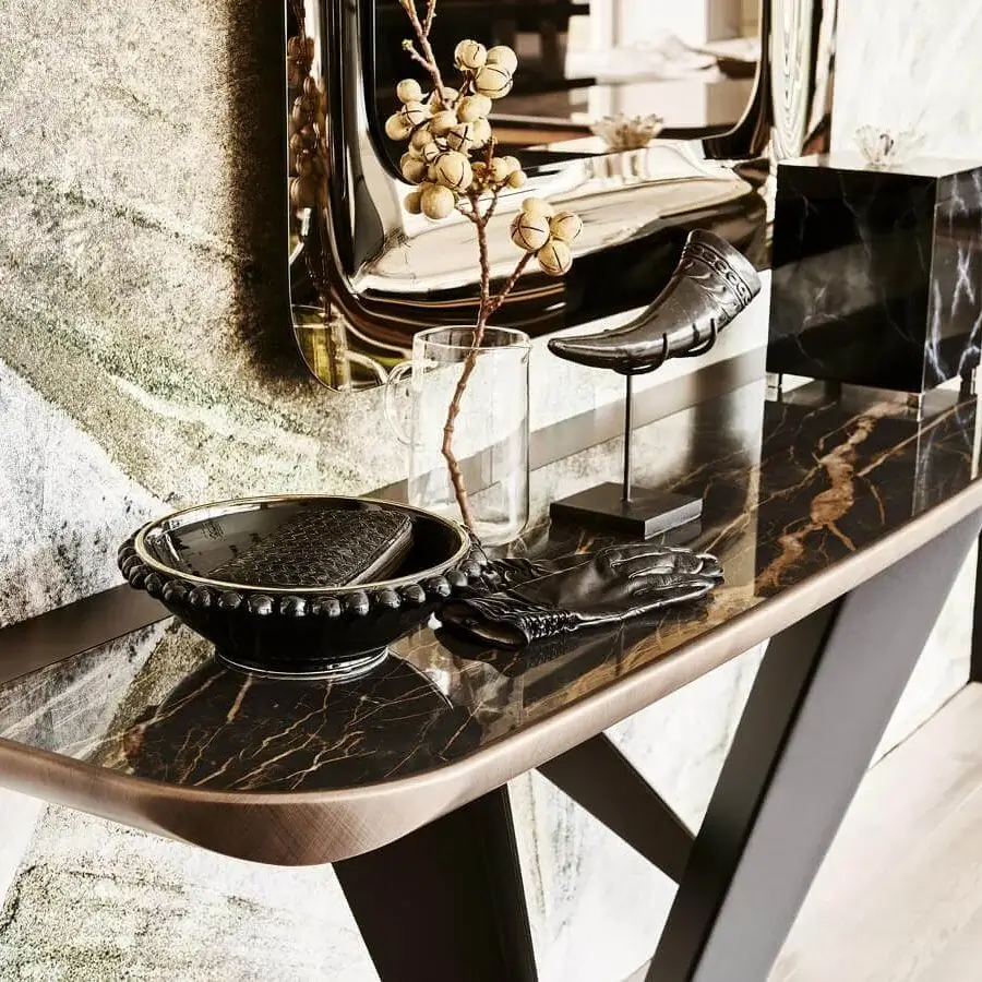 Luxury Cattelan Italia Westin Keramik Premium console with dark marbled ceramic top and sleek dark metal base crafted in Italy