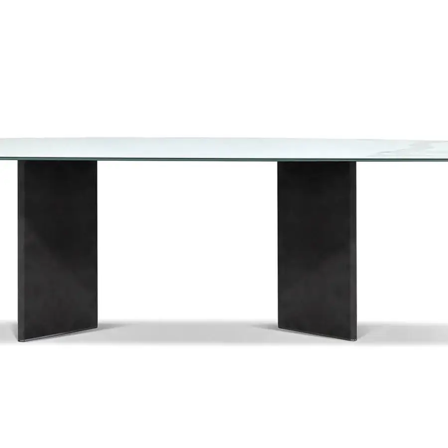 Superior Cierre1972 Wings table with ceramic and tempered glass, built with dark leather covered wooden legs exhibiting a matte finish