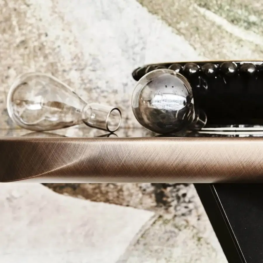 Distinguished Cattelan Italia Westin Keramik Premium console in marbled ceramic with brushed bronze finish and embossed lacquered steel base