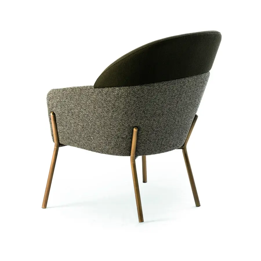 Elegant Bross Wam lounge chair with tweed-like upholstery in mixed gray and brown tones and bronze-finished metal legs