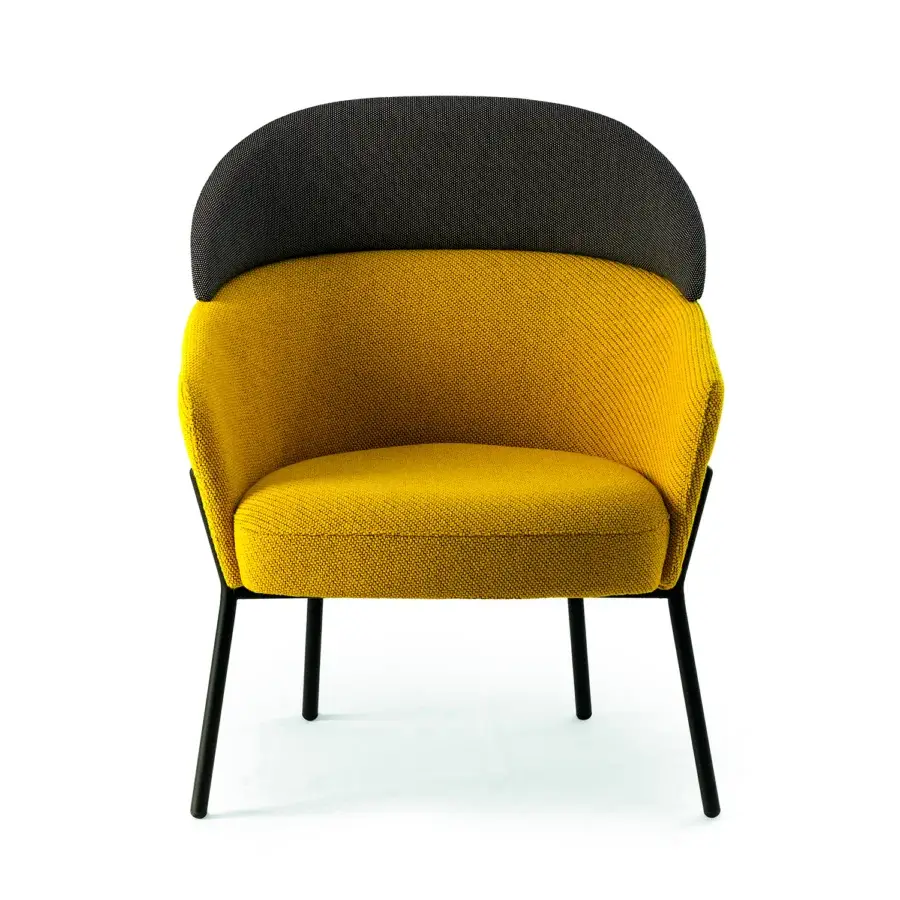 Exceptional Bross Wam lounge chair with textured yellow fabric and dark gray patterned upper back with matte black metal legs