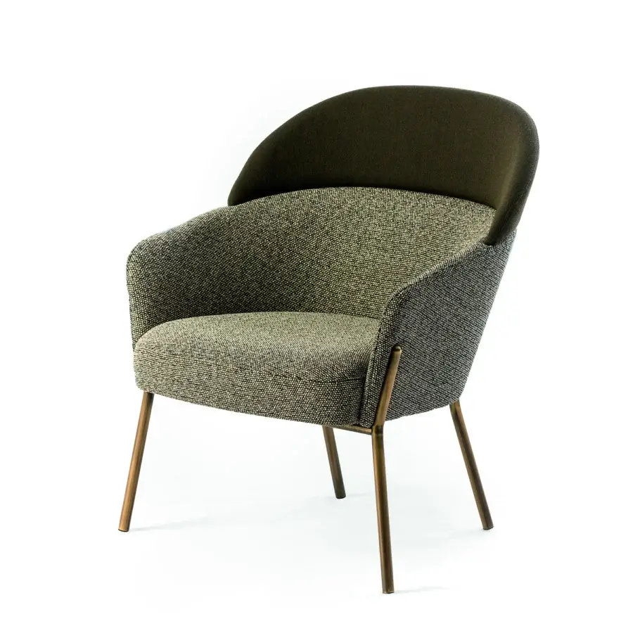 Distinguished Bross Wam lounge chair with grey and tan tweed-like fabric upholstery and bronze-finished metal legs crafted with a dark brown backrest