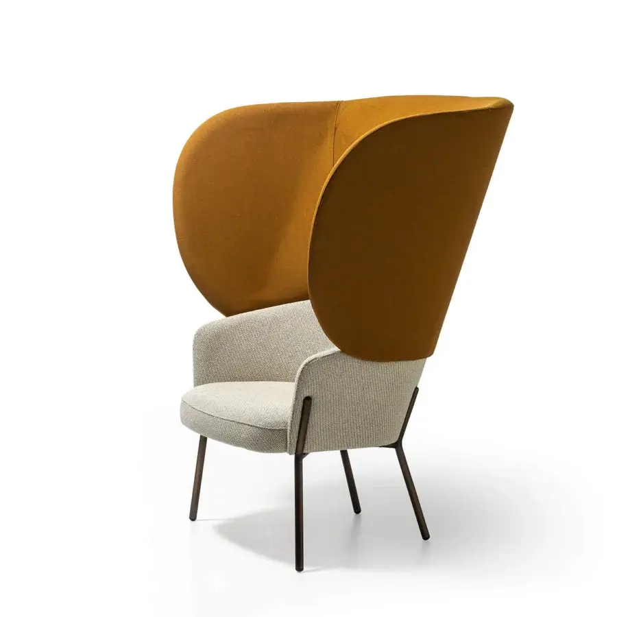 Captivating Bross Wam lounge chair with mustard-yellow fabric and light woven textile, built with a metal frame in Italy
