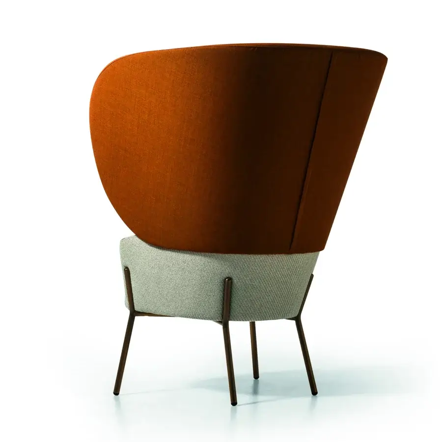 Exclusive Bross Wam lounge chair with reddish-brown textured backrest and lighter gray textile seat built with slender dark-toned metal legs