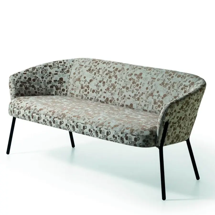 Elegant Bross Wam sofa with geometric brown and light gray fabric upholstery and matte black angled metal legs