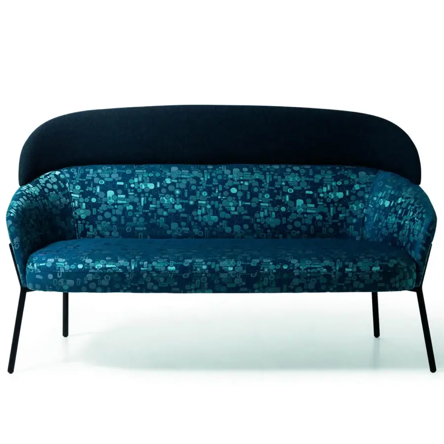 Elegant Bross Wam sofa with a black metal frame and vibrant blue geometric textile upholstery crafted in Italy