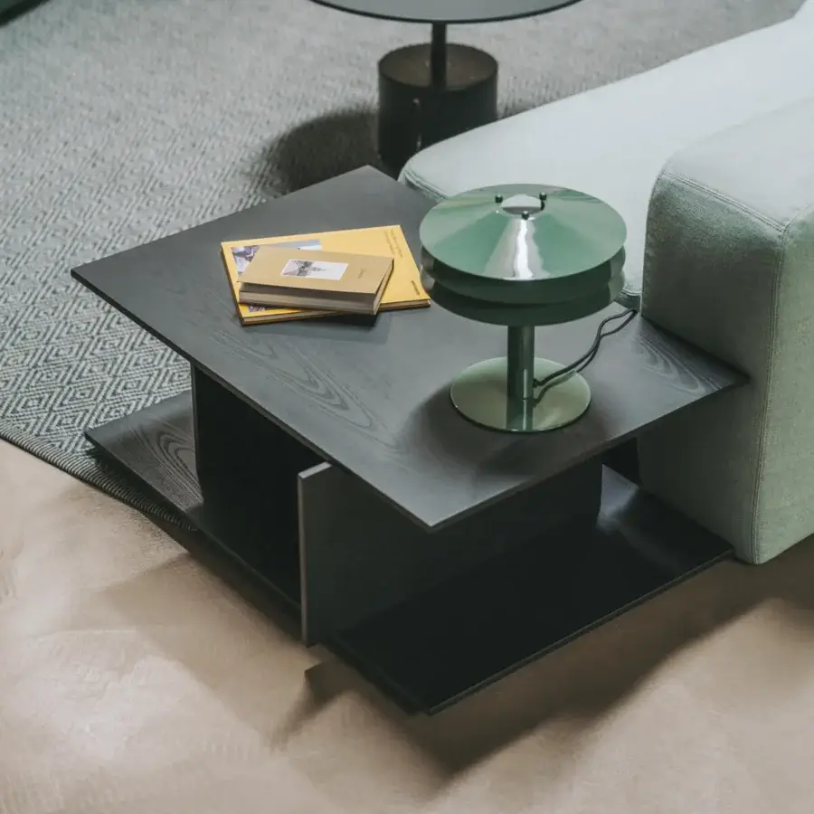 Exceptional Lapalma Plus side table crafted in black open-pore stained oak with architectural form and minimalist aesthetics